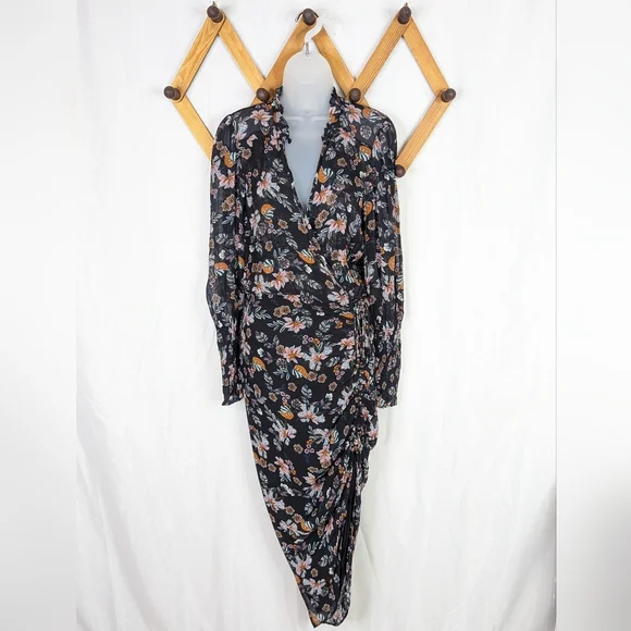 Veronica Beard Shaia Floral Ruched Asymmetrical Midi Dress Black Size 0 - Picture 2 of 11